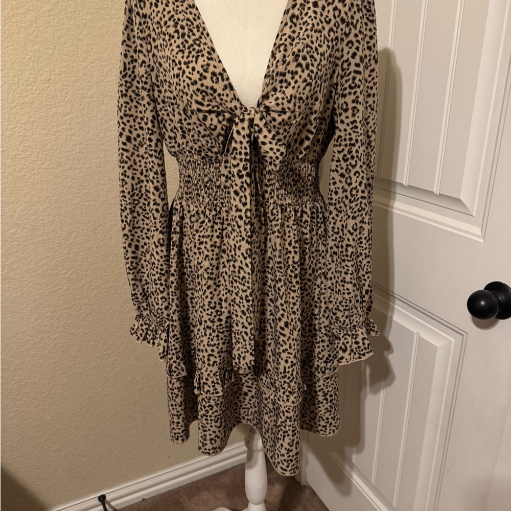 SHEIN Cream and Tan Mini Sundress with Plunge Neckline